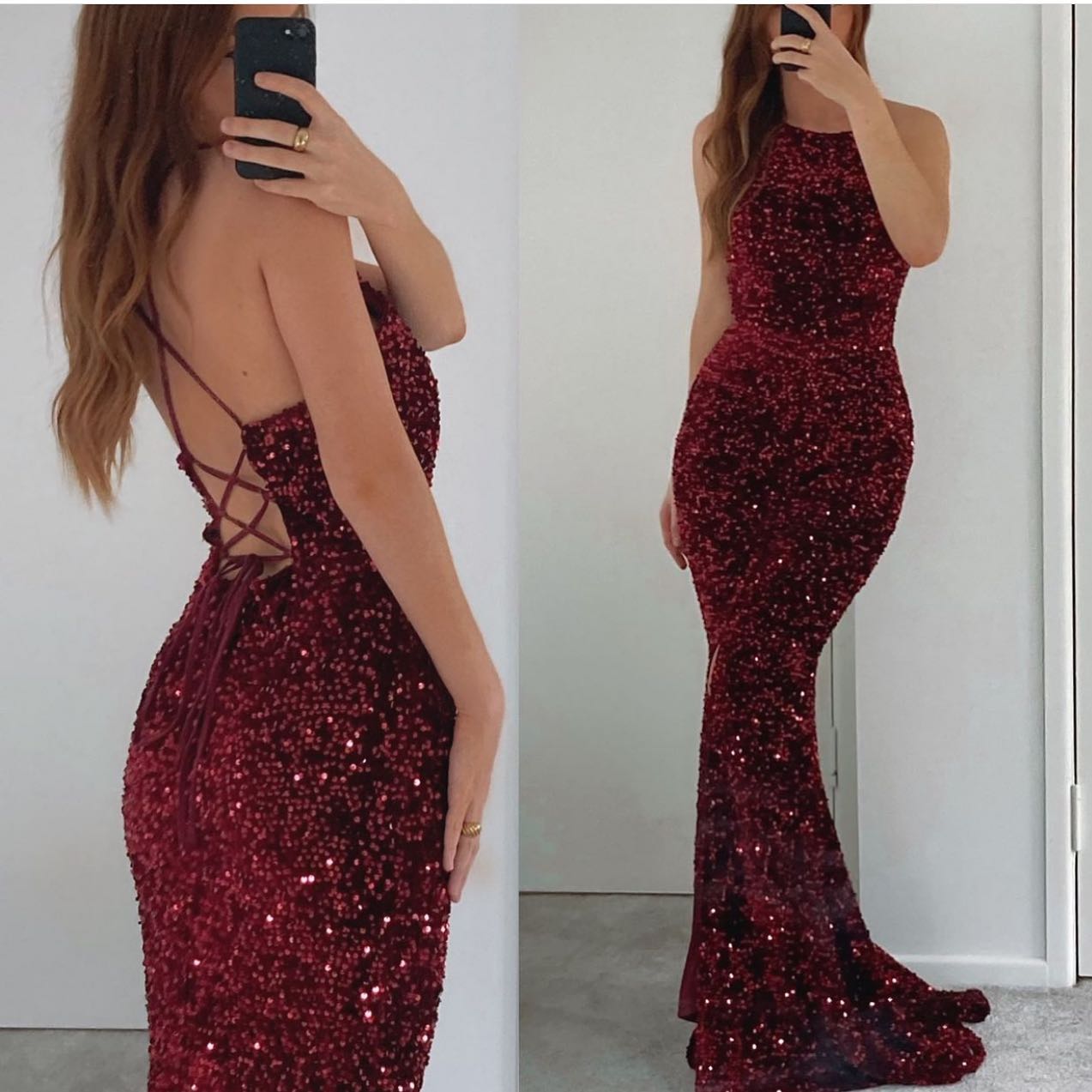 Vestidos de fiesta formales largos de sirena sin mangas con lentejuelas y espalda descubierta
