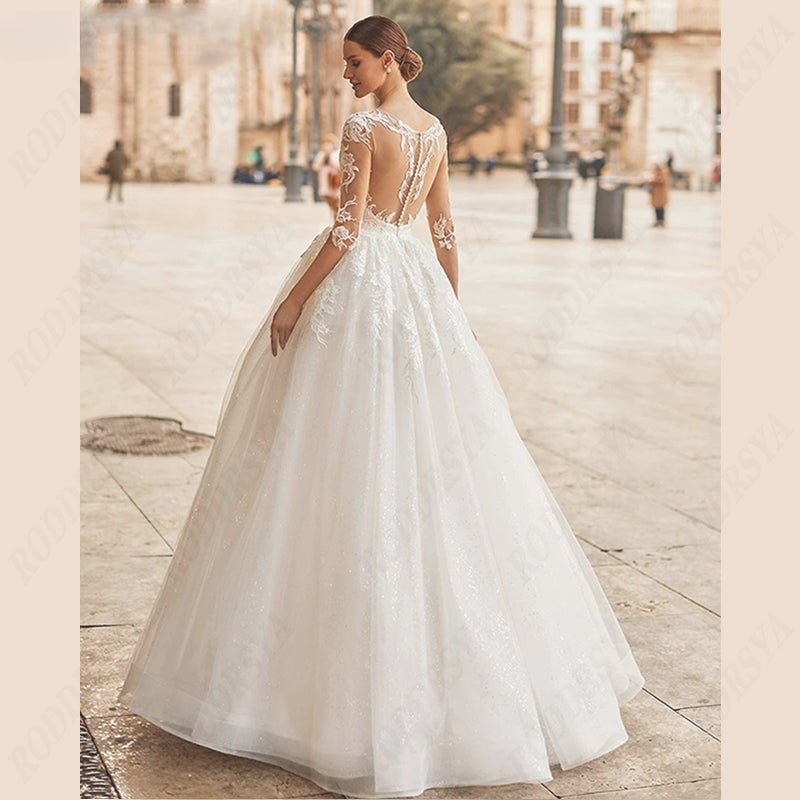 Scoop-Neck Wedding Dress Illusion Back Bridal Gown A-line Tulle Bride Party 3/4 Sleeve Lace Applique Vestido De Noiva-payinti