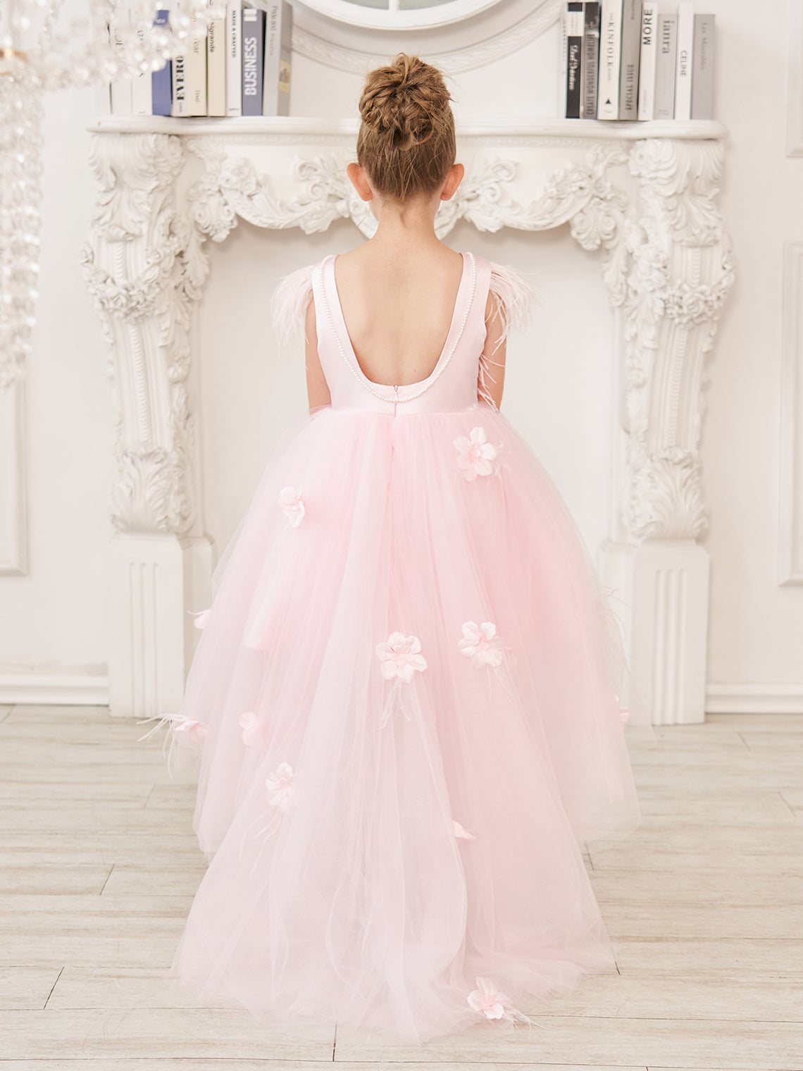Princess Sleeveless Tulle Flower Girl Dress with Beading and Feather Bow (010224704)