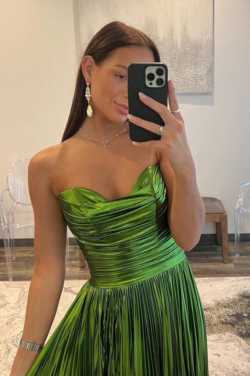 Oakley | Green Metallic Strapless Pleated A-Line Long Prom Dresses
