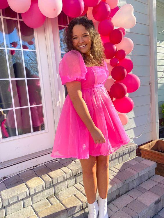 Organza Pink Baby Doll Dress,Pink Birthday Dress,Pink Homecoming Dress Y2060