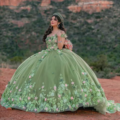 Light Sage Green Quinceanera Dresses Sweet 16 Pageant Floral Ball Gown Y2063