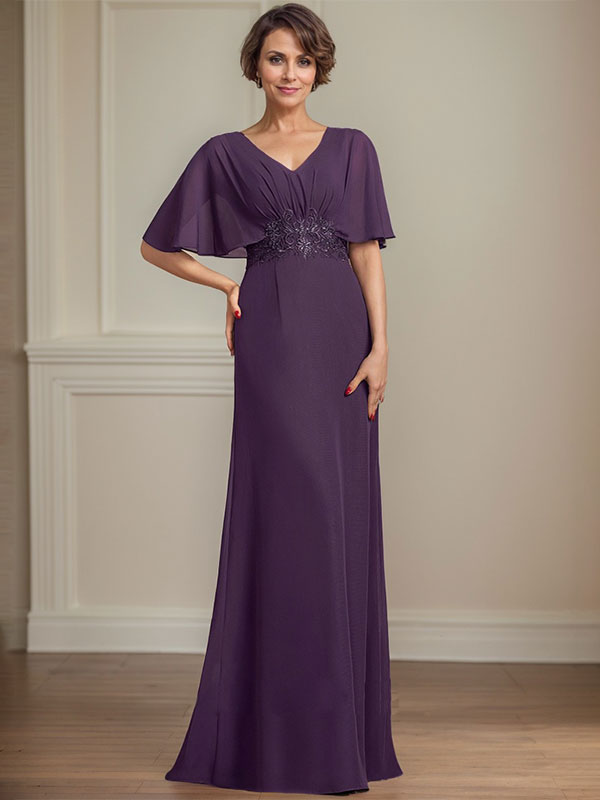 A-Linie V-Ausschnitt Bodenlanges Chiffonkleid für die Brautmutter mit plissierten Paillettenapplikationen Spitze