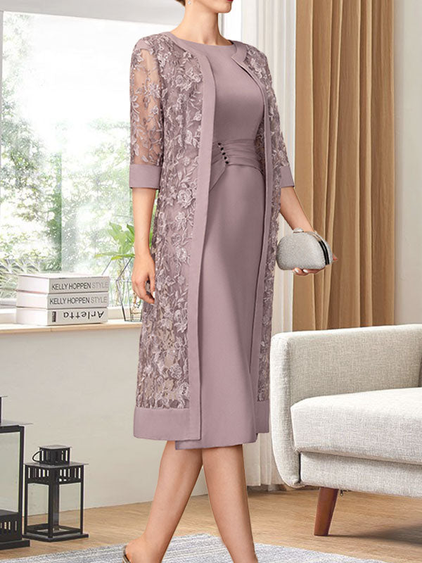 Sheath/Column Scoop Knee-Length Chiffon Mother of the Bride Dress With Pleated Sequins