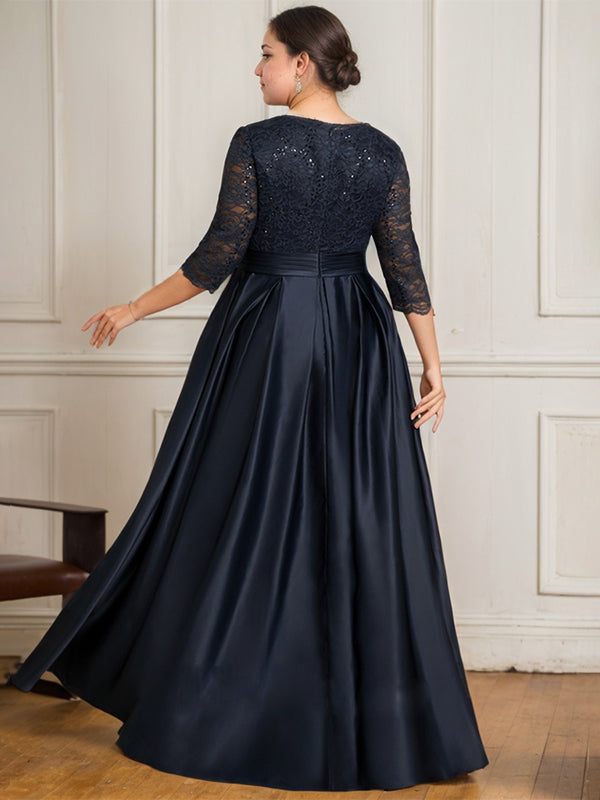A-Linie V-Ausschnitt Bodenlanges Satin-Spitzenkleid für die Brautmutter mit Paillettenschleife