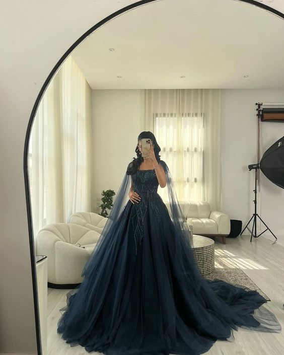 Navy Blue Glitter Square Neck Tulle Long Sleeves Luxury Ball Gown Y4883
