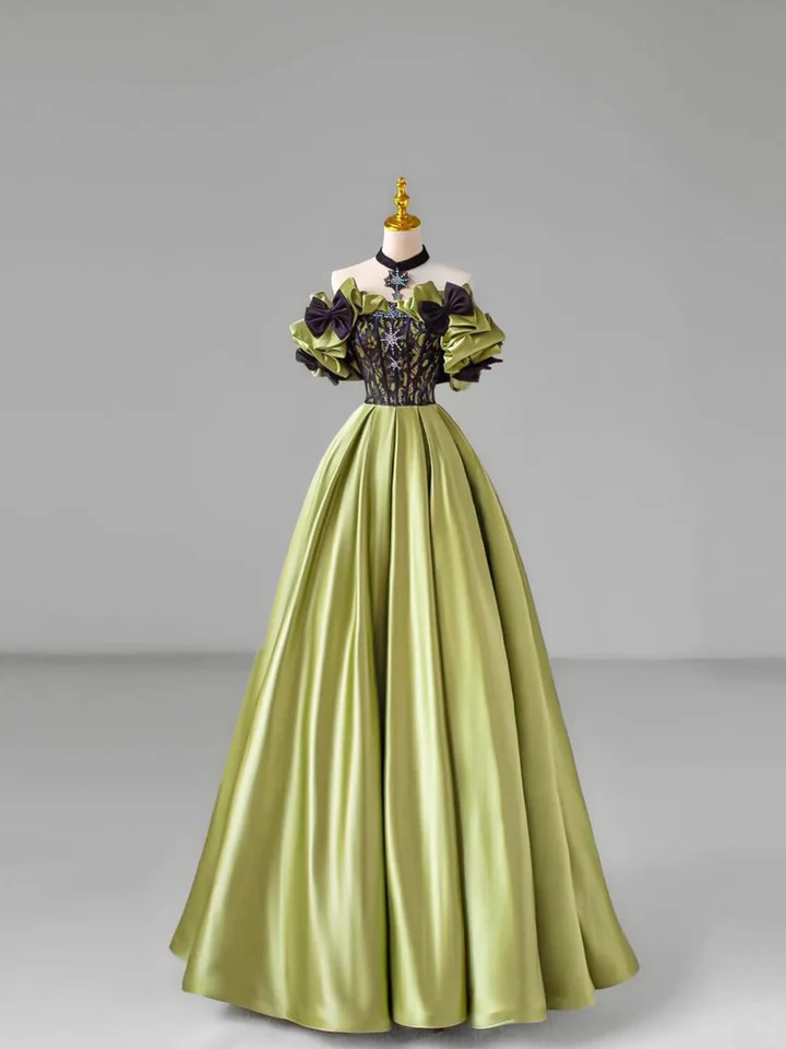 Chic Green Bow Lace Beaded Satin Prom Dress Off-The-Shoulder Ball Gown Y7745
