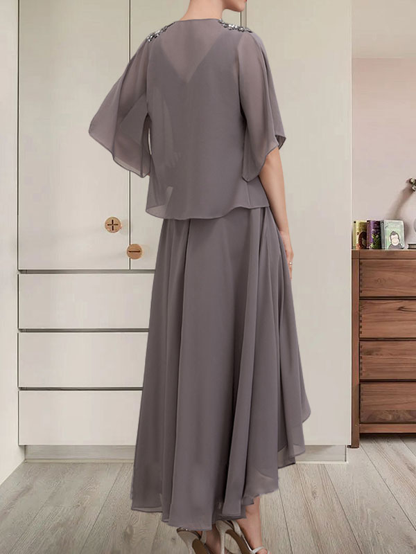A-Linien-Kleid mit V-Ausschnitt, asymmetrischem Chiffon für die Brautmutter mit Perlen und Pailletten