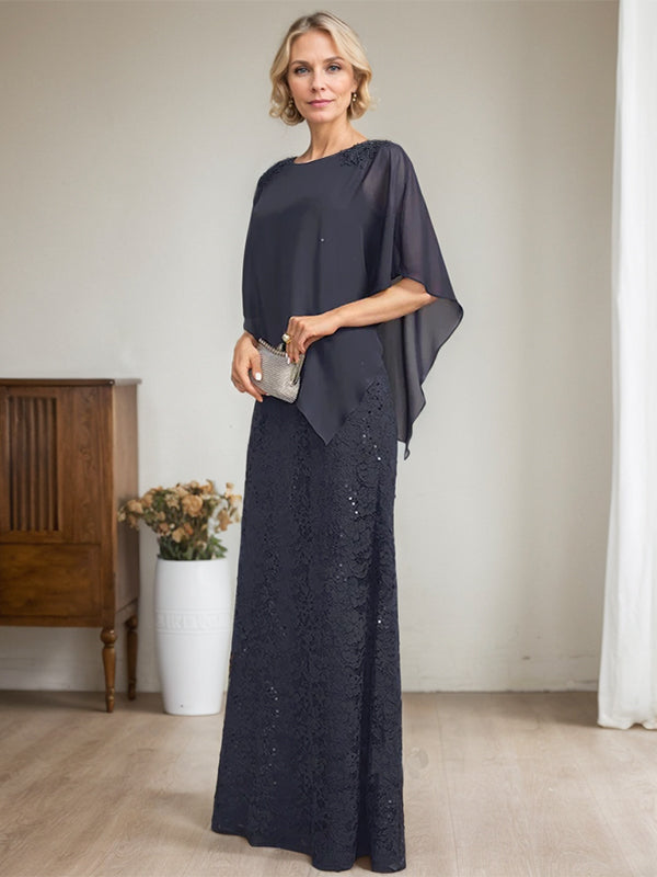 Etui-Linie U-Ausschnitt Bodenlang Chiffon Spitze Kleid für die Brautmutter mit Pailletten Perlenbesatz