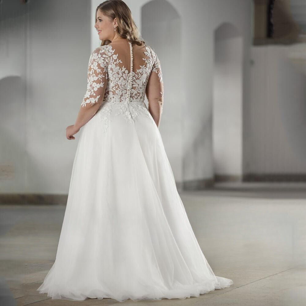 Elegant White V-neck Half Sleeve Bridal Gown Lace Applique Plus Size Floor-Length Wedding Dress for Women vestidos de novia-payinti