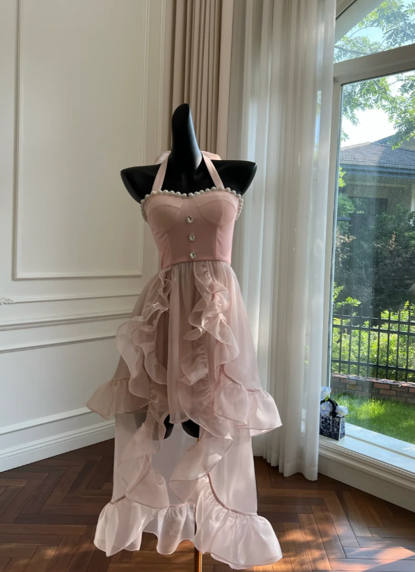 Einfaches Neckholder Rosa Tüll Perlen Perlen High-Low Rüschen Homecoming Kleid Partykleid Y8582