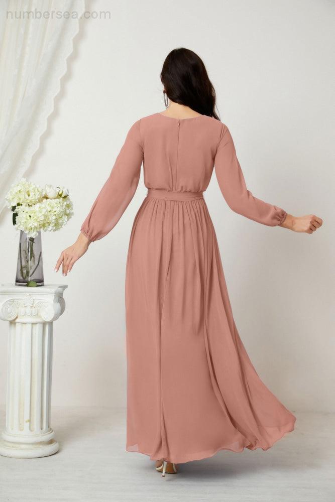 Sunnderly Abendkleider, tiefer V-Ausschnitt, Chiffon, Brautjungfernkleider, lange Bischofsärmel, seitlicher Schlitz, formelles Kleid, SY2806