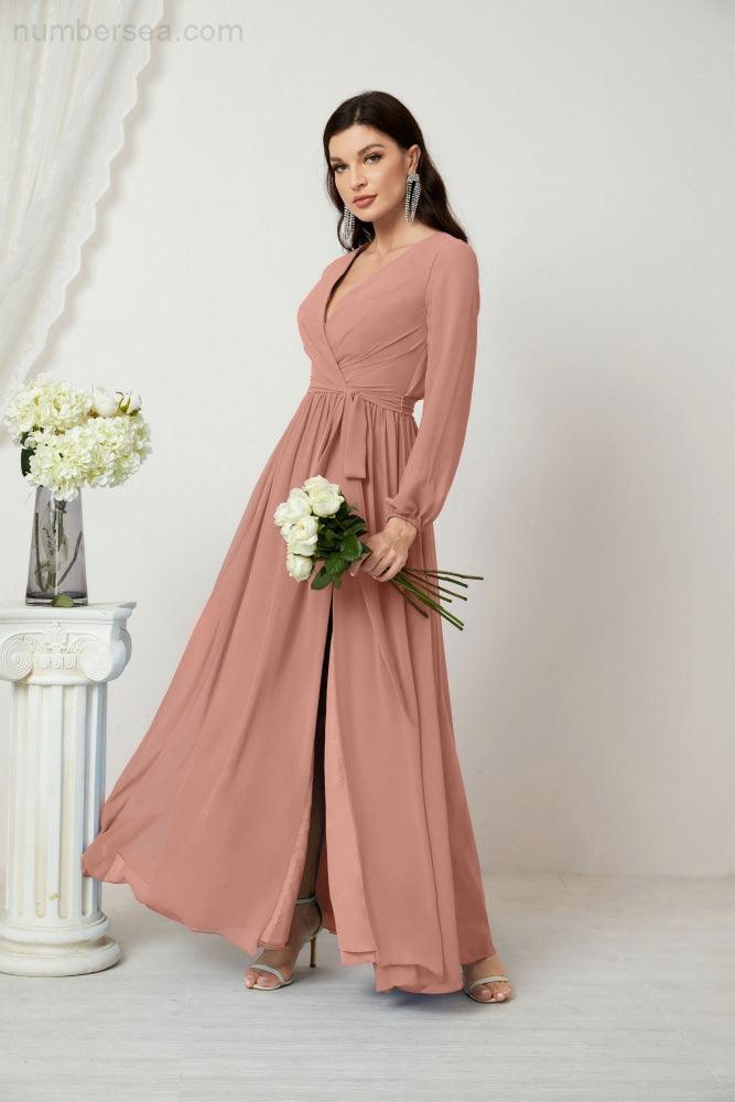 Sunnderly Abendkleider, tiefer V-Ausschnitt, Chiffon, Brautjungfernkleider, lange Bischofsärmel, seitlicher Schlitz, formelles Kleid, SY2806