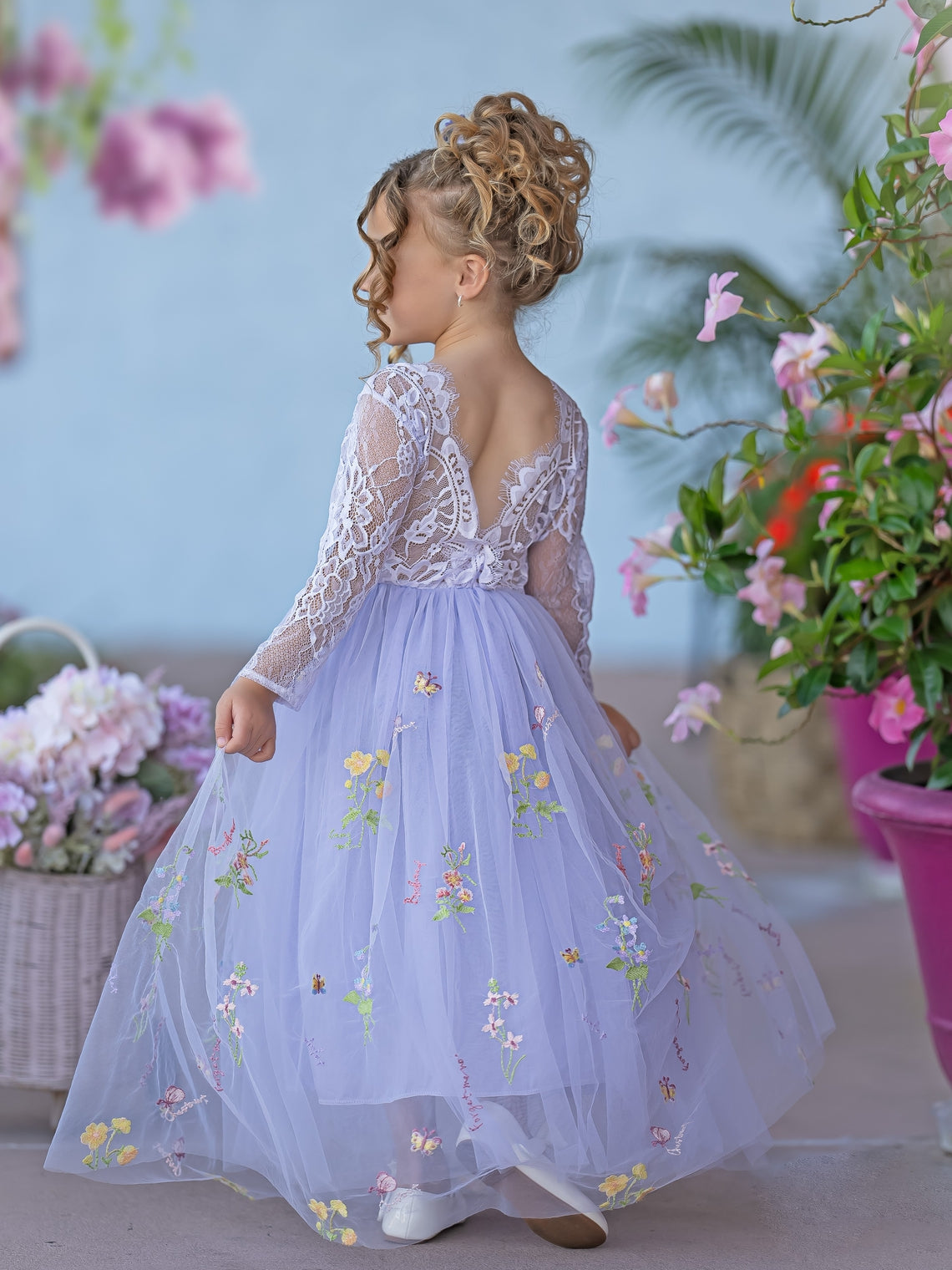 Vestido de tul bordado con encaje floral, corte A, largo hasta el suelo, para niña de las flores de jardín