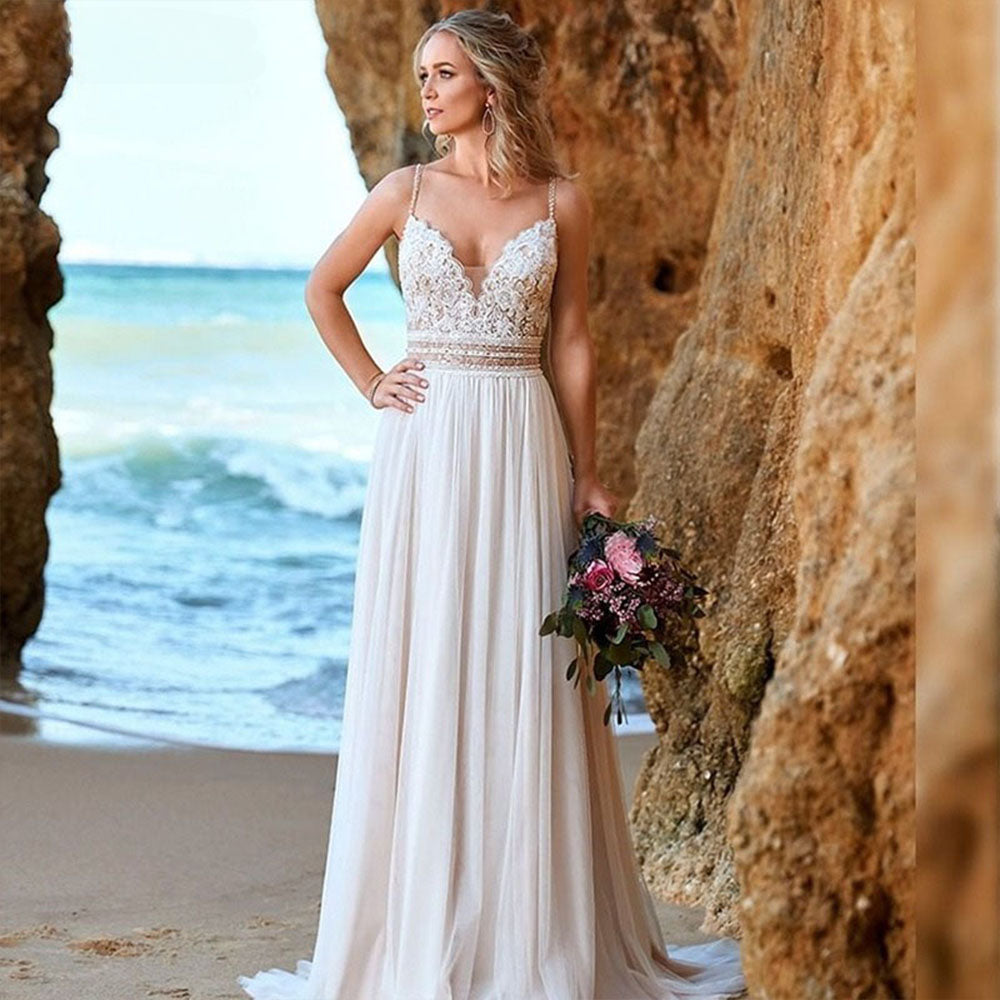Simple Backless Chiffon V-Neck Bohemian Wedding Dress for Bride Lace Applique Sleeveless Beach Bridal Gown Robe De Mariée-payinti