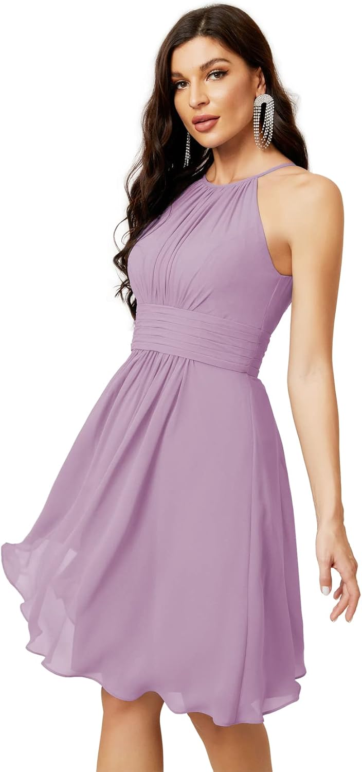Sunnderly Short Halter Top Chiffon Bridesmaid Dresses Tea Length A Line Formal Evening Party Cocktail Dress Dusty Rose