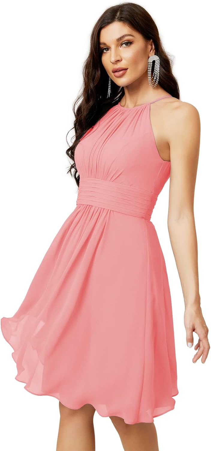 Sunnderly Short Halter Top Chiffon Bridesmaid Dresses Tea Length A Line Formal Evening Party Cocktail Dress Dusty Rose