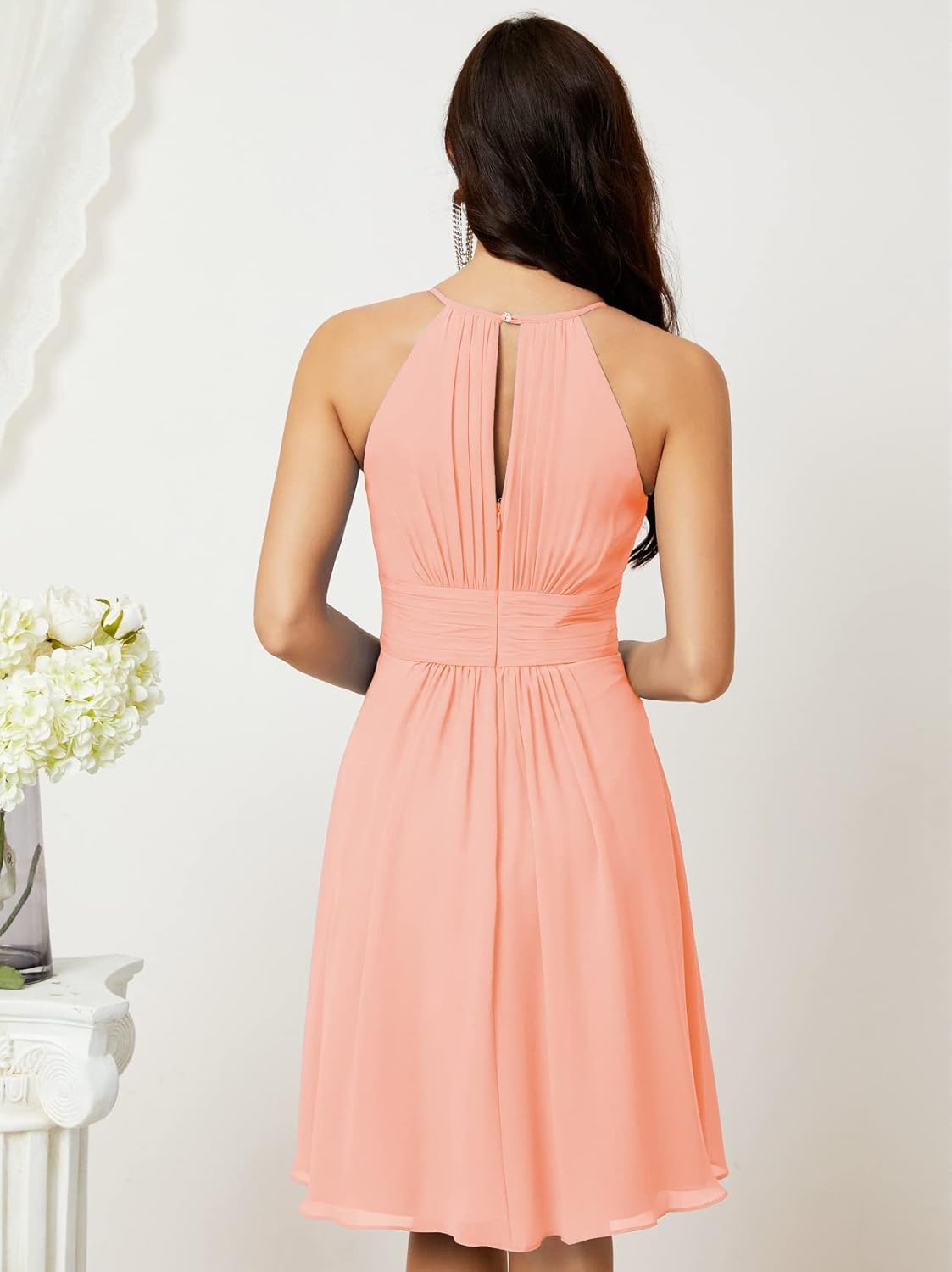Sunnderly Short Halter Top Chiffon Bridesmaid Dresses Tea Length A Line Formal Evening Party Cocktail Dress Dusty Rose