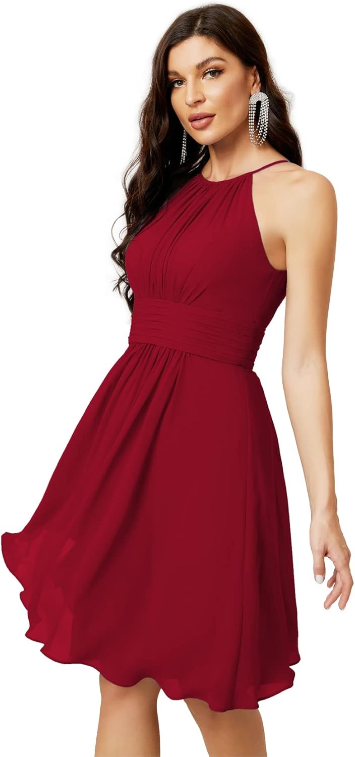 Sunnderly Short Halter Top Chiffon Bridesmaid Dresses Tea Length A Line Formal Evening Party Cocktail Dress Dusty Rose
