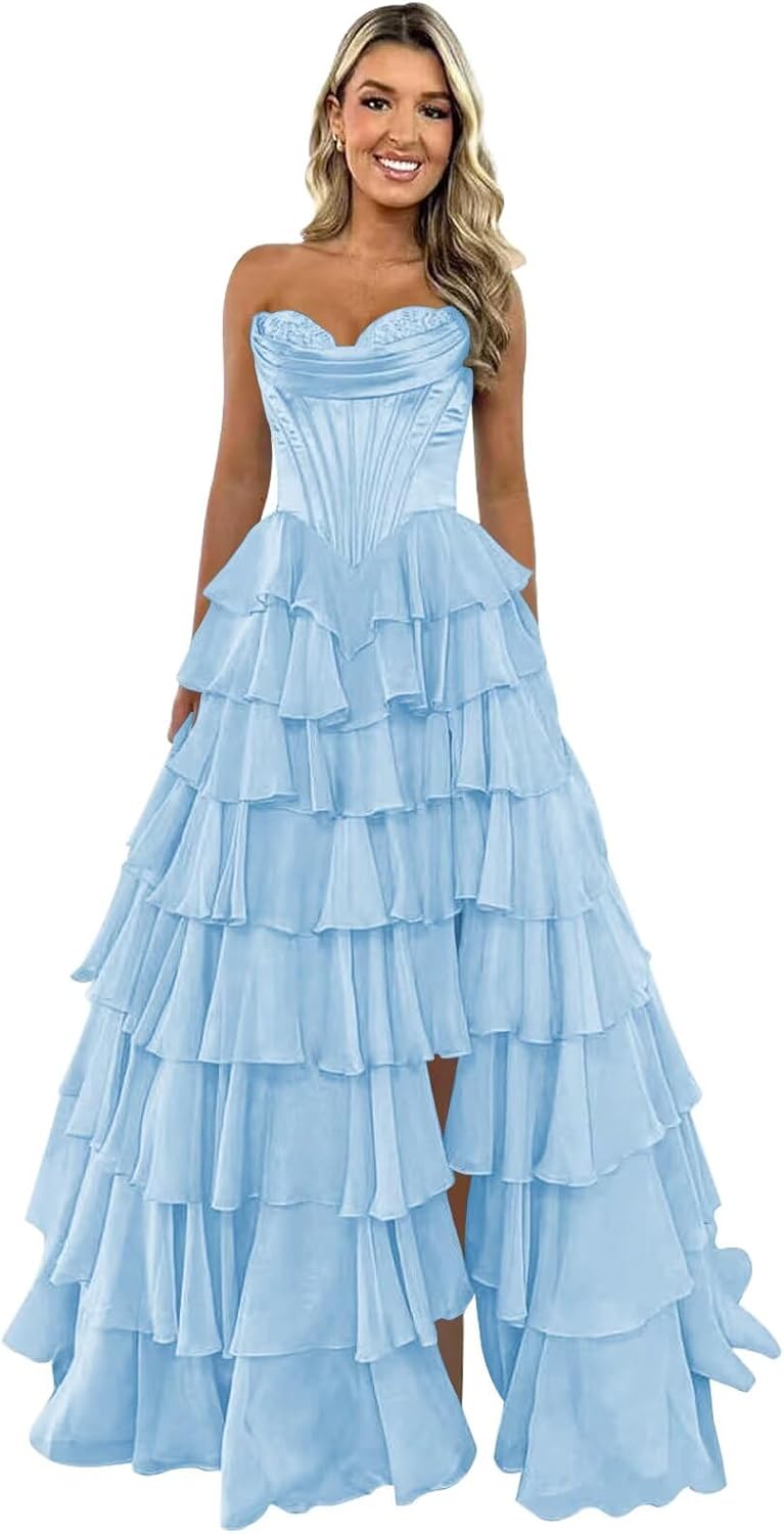 Trägerloses Korsett-Ballkleid für Damen 2025, langes, gestuftes, gerüschtes Chiffon-Abendkleid mit Schlitz