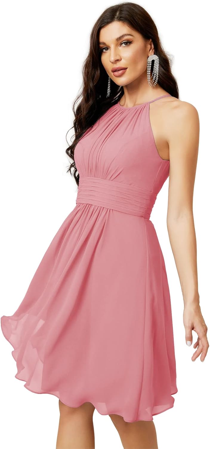 Sunnderly Short Halter Top Chiffon Bridesmaid Dresses Tea Length A Line Formal Evening Party Cocktail Dress Dusty Rose