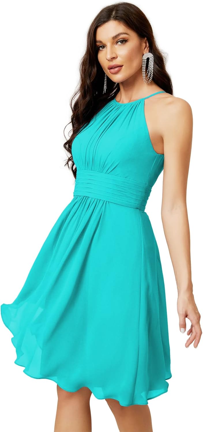 Sunnderly Short Halter Top Chiffon Bridesmaid Dresses Tea Length A Line Formal Evening Party Cocktail Dress Dusty Rose