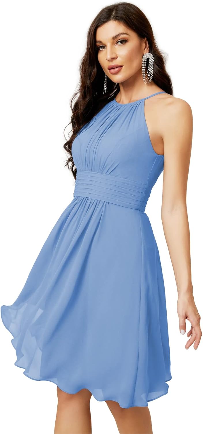Sunnderly Short Halter Top Chiffon Bridesmaid Dresses Tea Length A Line Formal Evening Party Cocktail Dress Dusty Rose