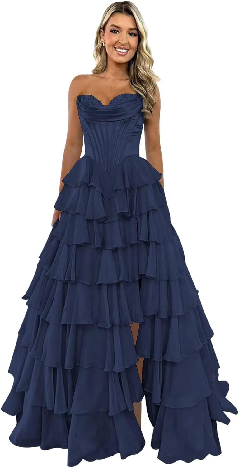 Trägerloses Korsett-Ballkleid für Damen 2025, langes, gestuftes, gerüschtes Chiffon-Abendkleid mit Schlitz