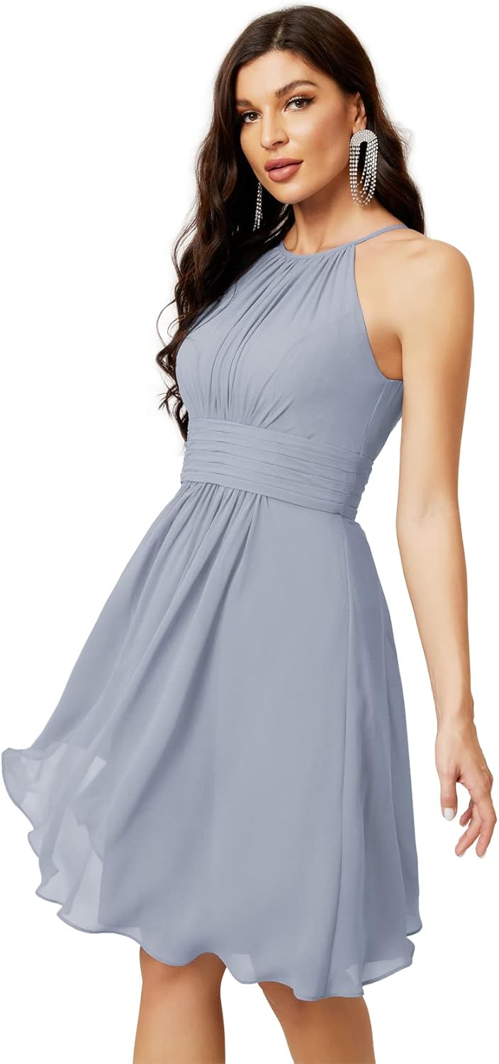 Sunnderly Short Halter Top Chiffon Bridesmaid Dresses Tea Length A Line Formal Evening Party Cocktail Dress Dusty Rose
