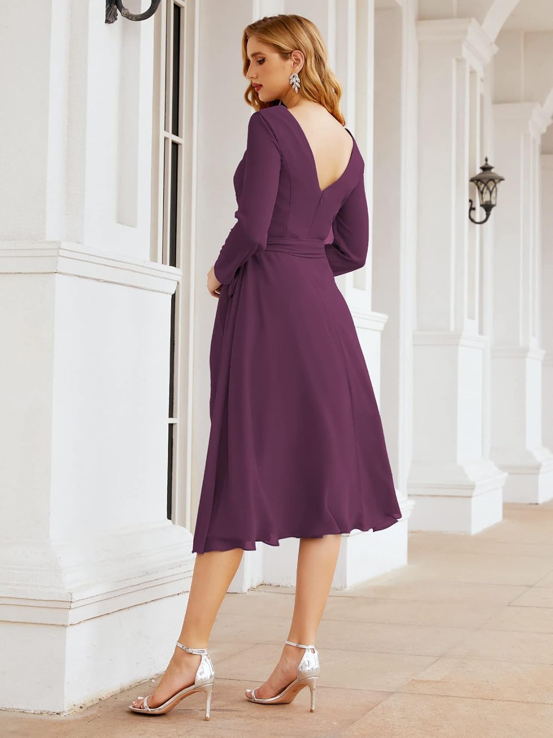 Sunnderly Chiffon Bridesmaid Dress V-Back Waist Belt Formal Prom Gown Mother of The Bride Wedding Guest