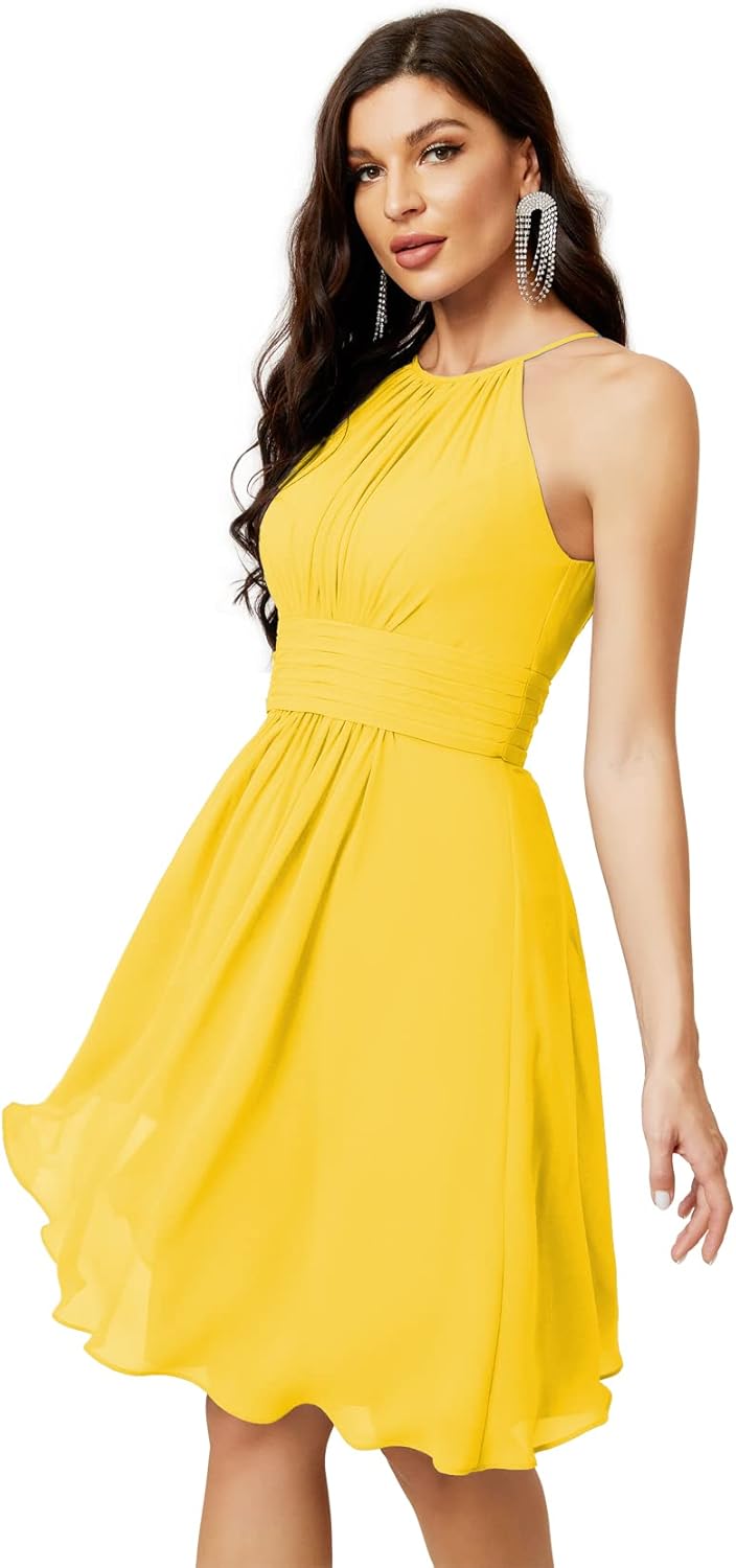 Sunnderly Short Halter Top Chiffon Bridesmaid Dresses Tea Length A Line Formal Evening Party Cocktail Dress Dusty Rose