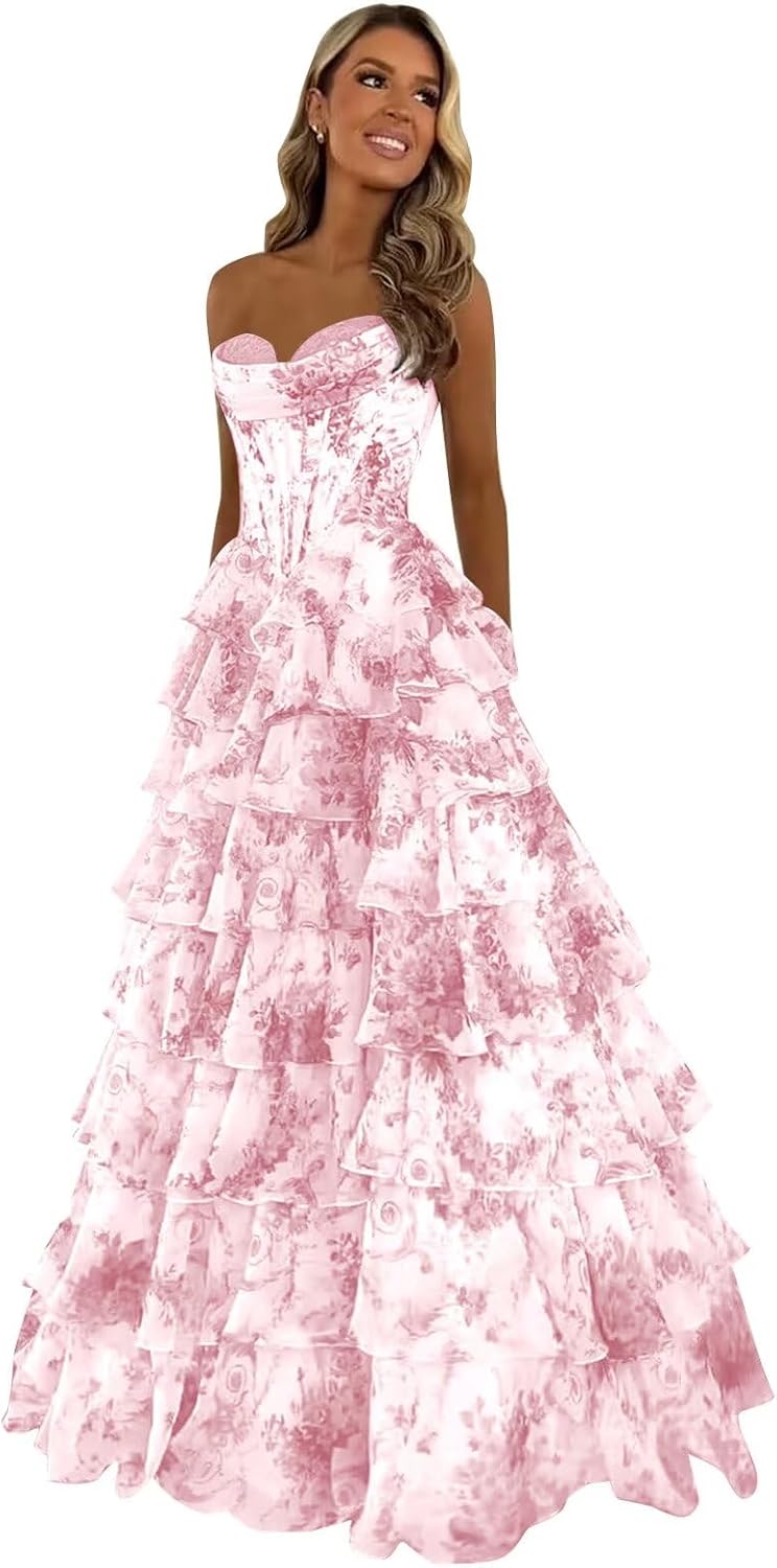 Trägerloses Korsett-Ballkleid für Damen 2025, langes, gestuftes, gerüschtes Chiffon-Abendkleid mit Schlitz