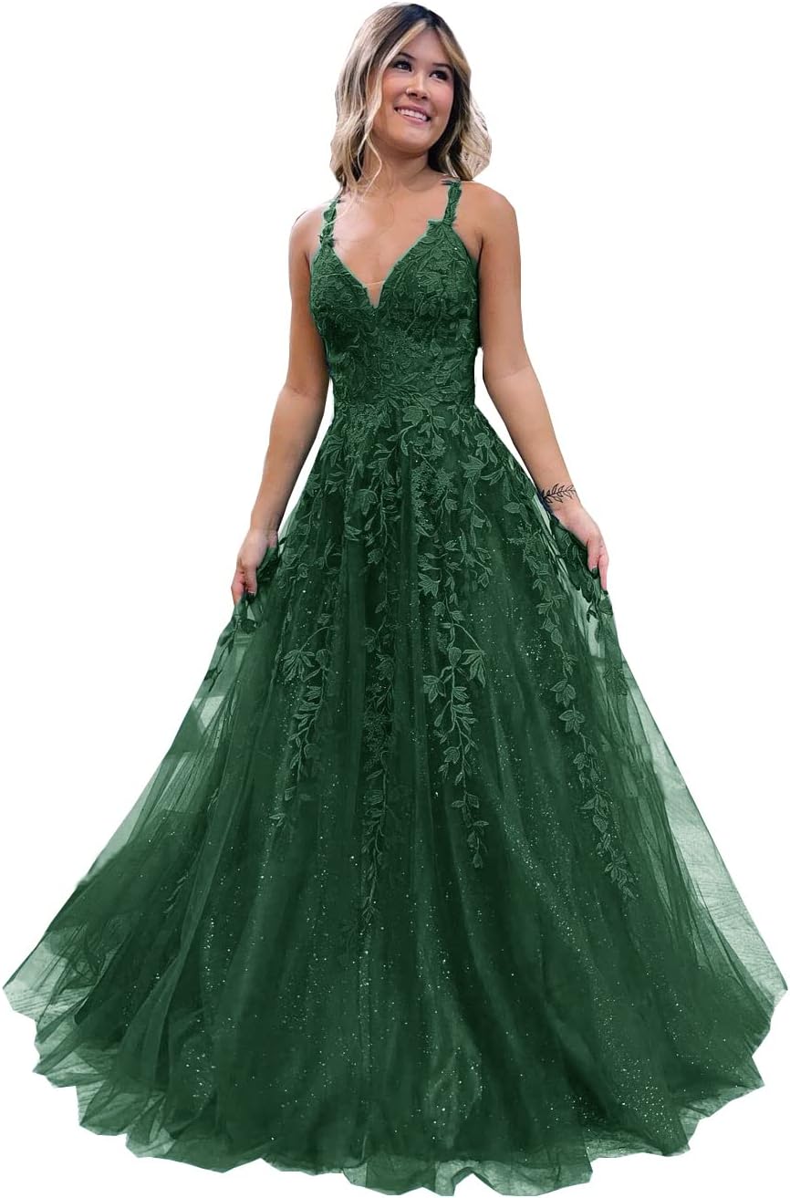 Ballkleid mit floraler Spitze und Glitzer-Tüll, langes Ballkleid mit V-Ausschnitt, formelles Abendkleid, Maxi-Partykleid