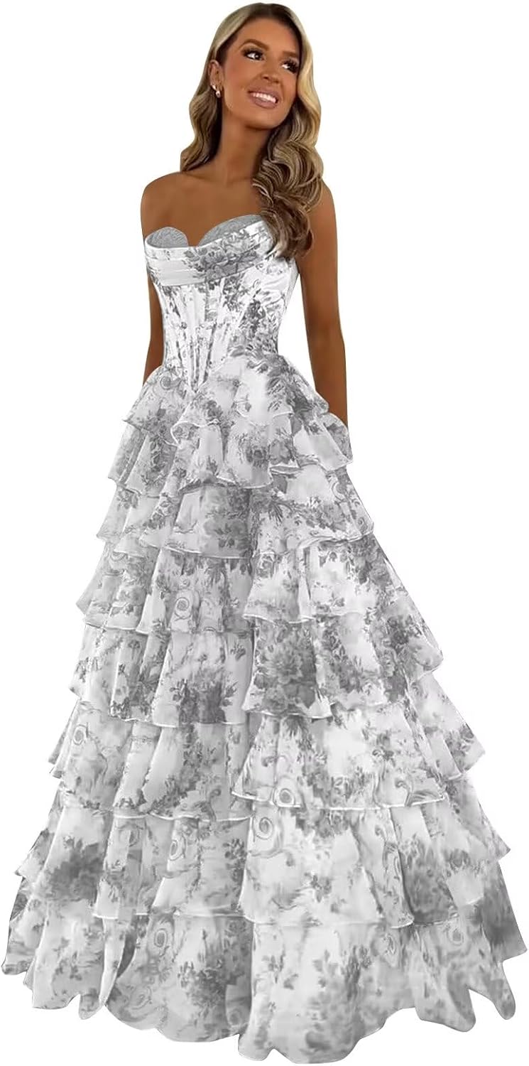 Trägerloses Korsett-Ballkleid für Damen 2025, langes, gestuftes, gerüschtes Chiffon-Abendkleid mit Schlitz