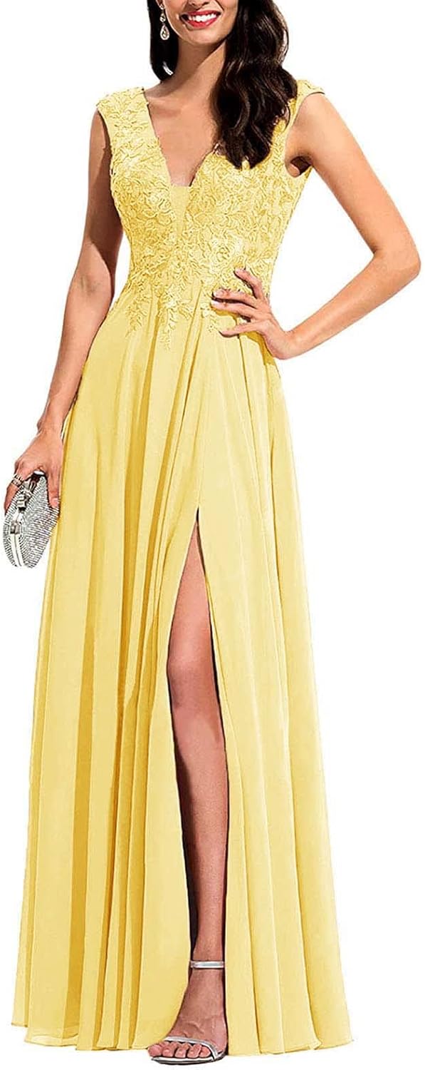 Chiffon-Applikationen Brautjungfernkleid Lang V-Ausschnitt Perlenbesetztes Hochzeitsgastkleid mit Schlitz