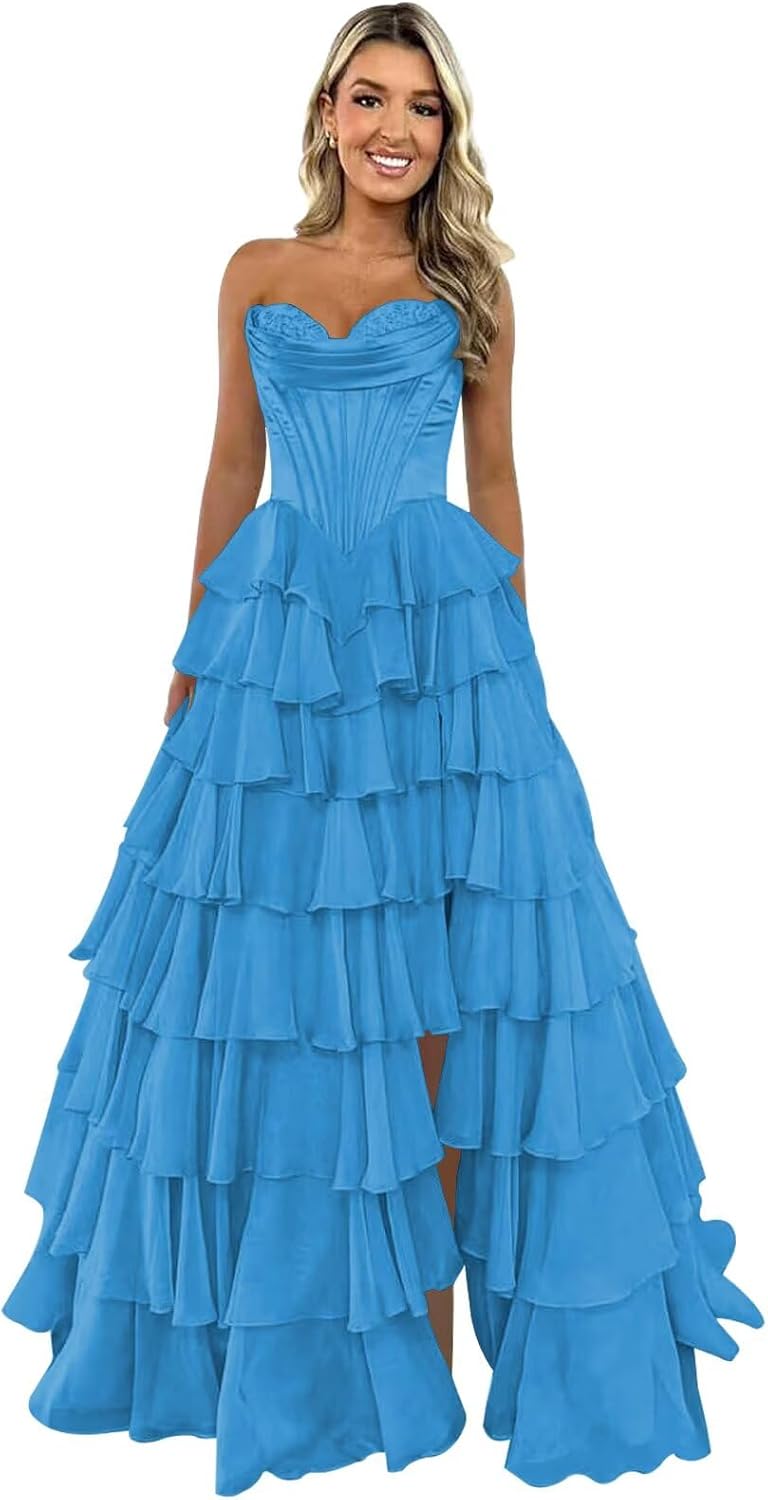 Trägerloses Korsett-Ballkleid für Damen 2025, langes, gestuftes, gerüschtes Chiffon-Abendkleid mit Schlitz