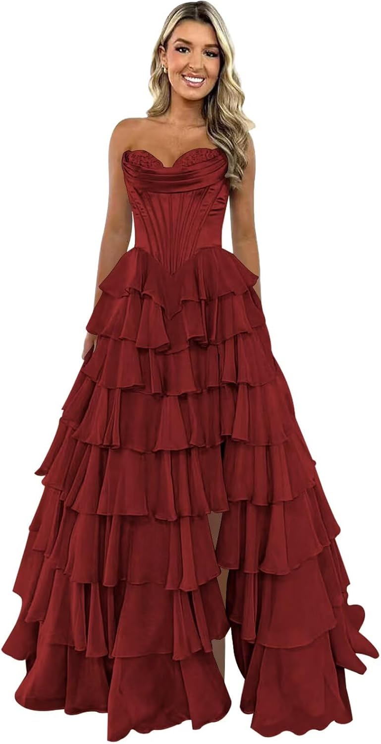 Trägerloses Korsett-Ballkleid für Damen 2025, langes, gestuftes, gerüschtes Chiffon-Abendkleid mit Schlitz