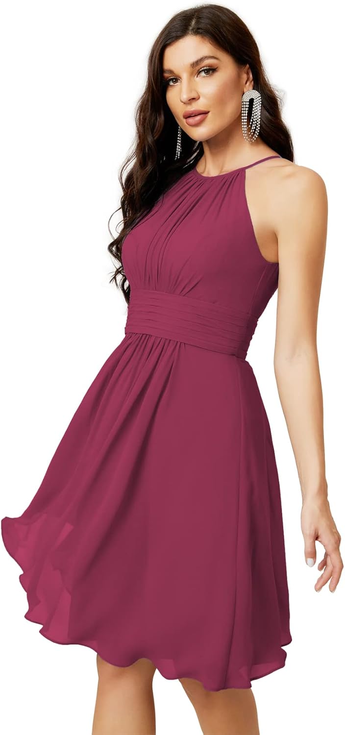 Sunnderly Short Halter Top Chiffon Bridesmaid Dresses Tea Length A Line Formal Evening Party Cocktail Dress Dusty Rose