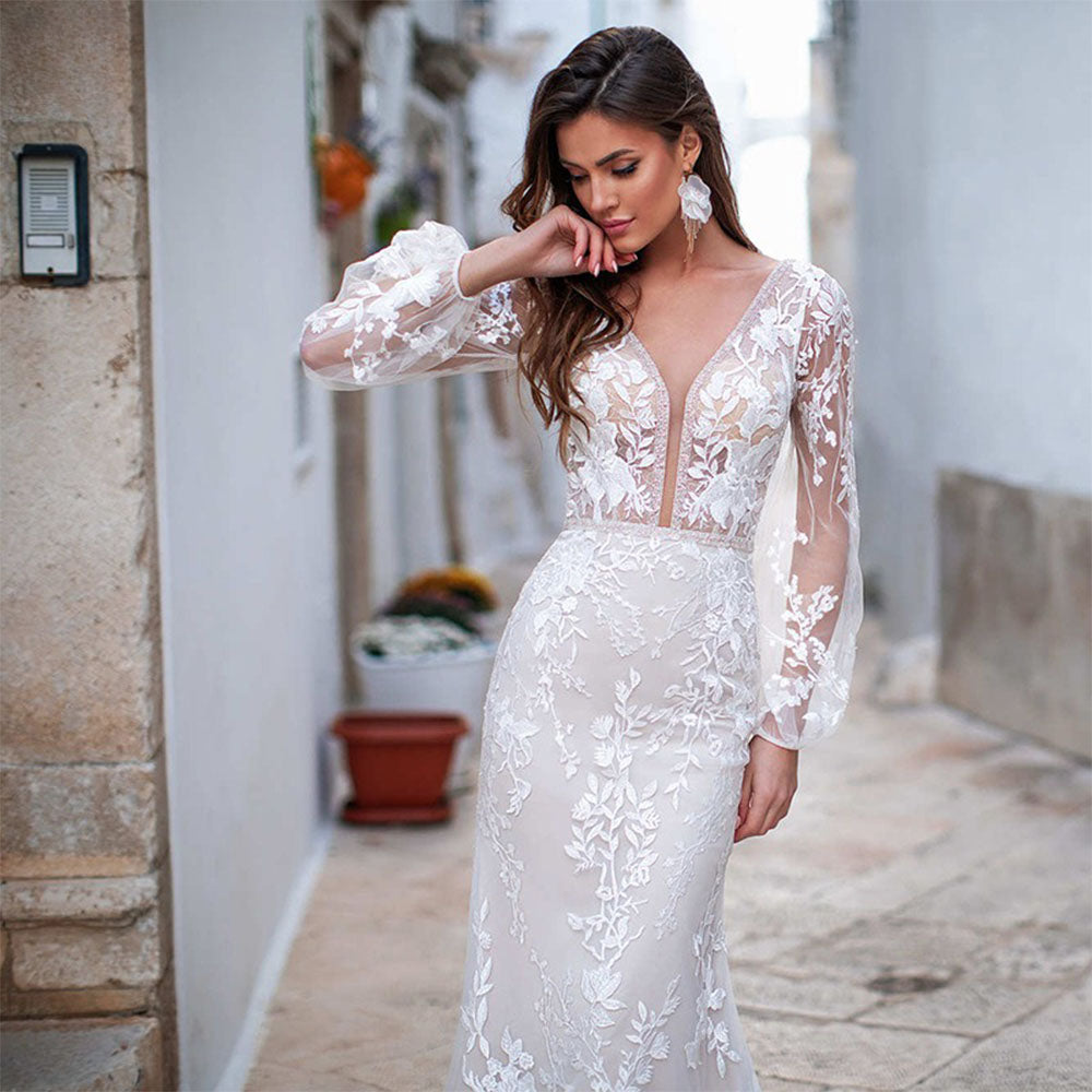Luxury Backless Tulle Mermaid Wedding Dresses 2022 Long Sleeve Lace Appliques V-neck White Bridal Gown vestidos de novia-payinti