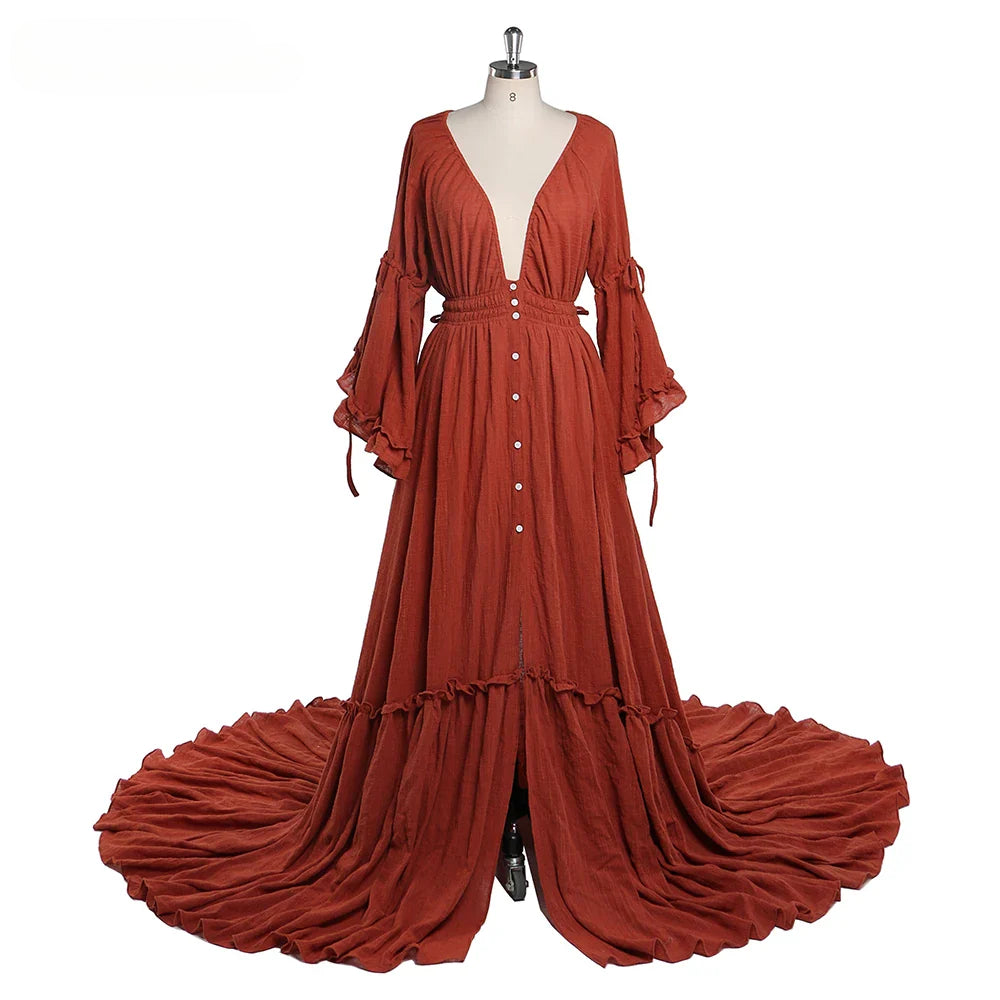 Deep V Neck Long Sleeves Maternity Dresses for Photo Shoot with Front Buttons and Adjustable Waist Sunnderly SY211202