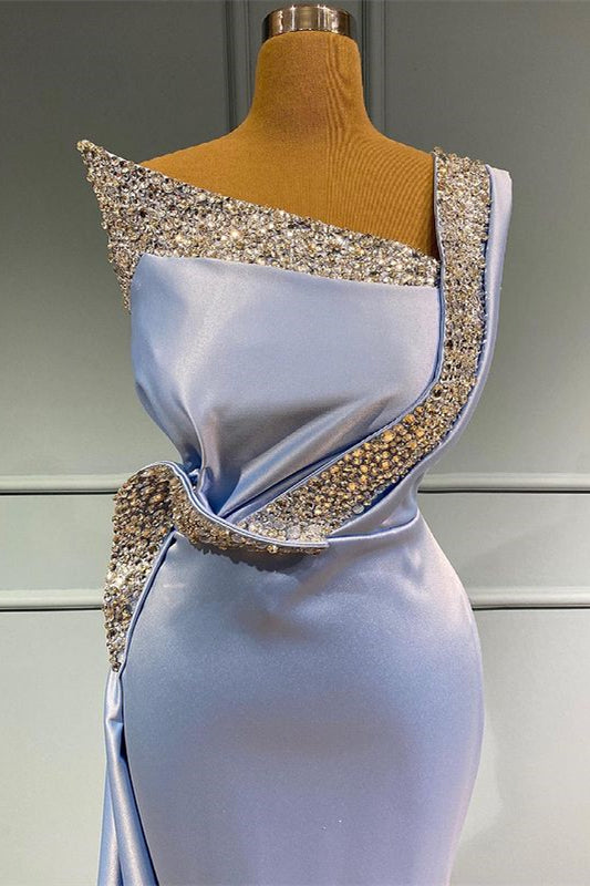 Vestido de fiesta largo de sirena con un hombro al descubierto, sin mangas, de satén, con cuentas y volantes