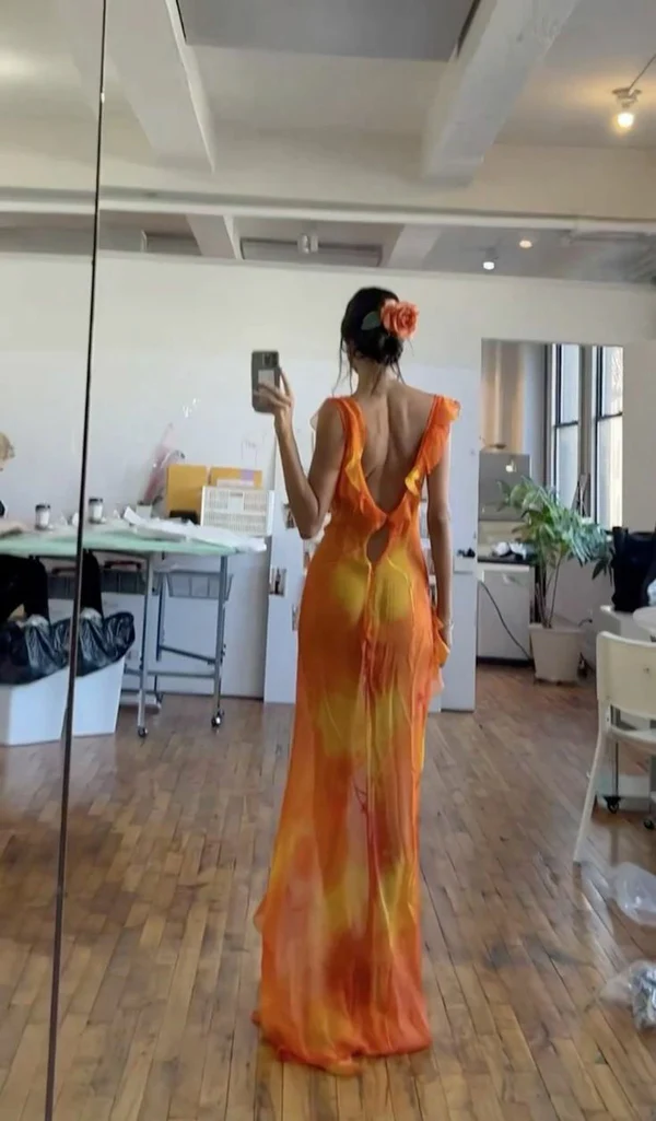 Vestido de fiesta largo de gasa con volantes y abertura, único, Y7497