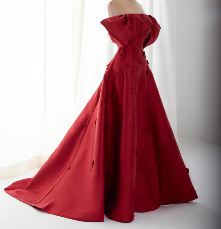 Elegantes Burgunderrotes 3D-Blumen-Abendkleid mit schulterfreiem A-Linien-Abschlussballkleid Y7637