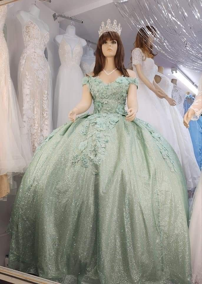 Vestido de fiesta verde salvia brillante con hombros descubiertos, vestido de quinceañera Y2265