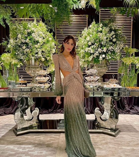 Chic Deep V Neck Long Sleeves Evening Dress Glam Dress Y6180