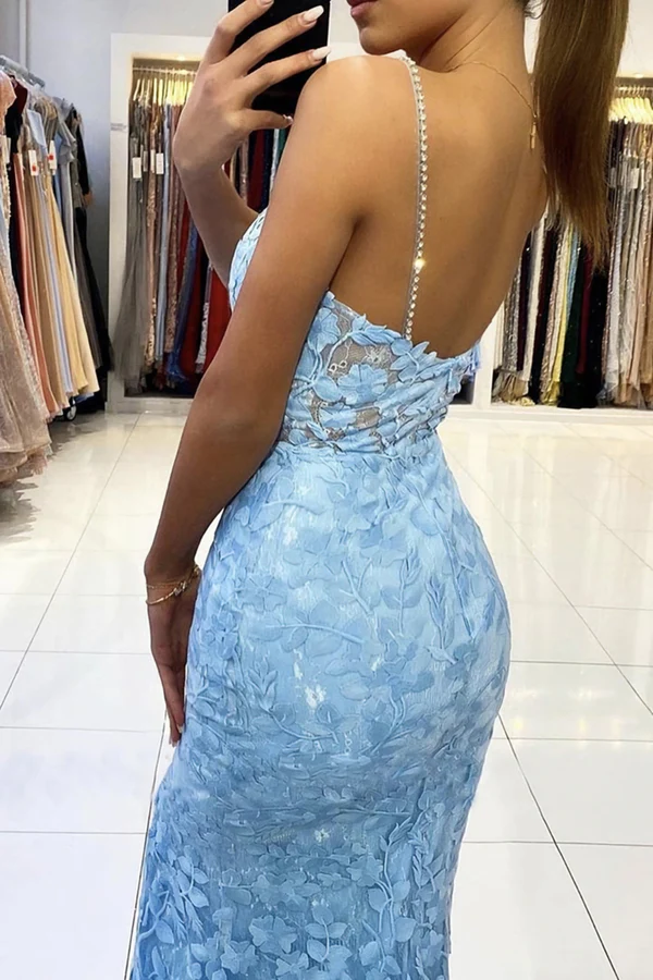 Vestido de fiesta largo de encaje azul con escote en V y espalda descubierta, vestido formal de encaje azul con corte sirena, vestido de noche de encaje azul Y1465
