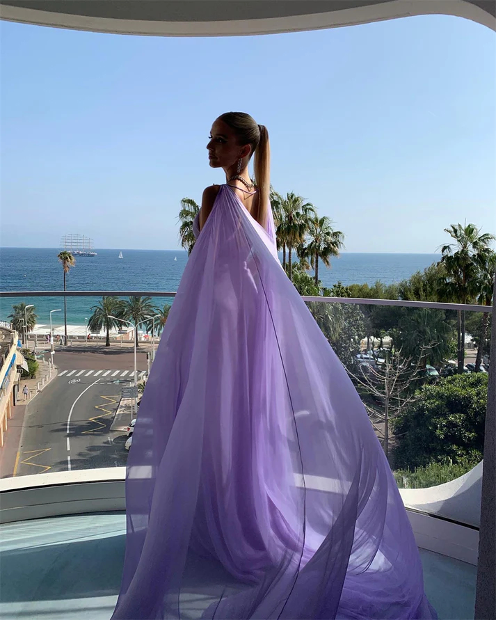 Vestido de fiesta de tul morado con escote en V, largo y sencillo, Y7774