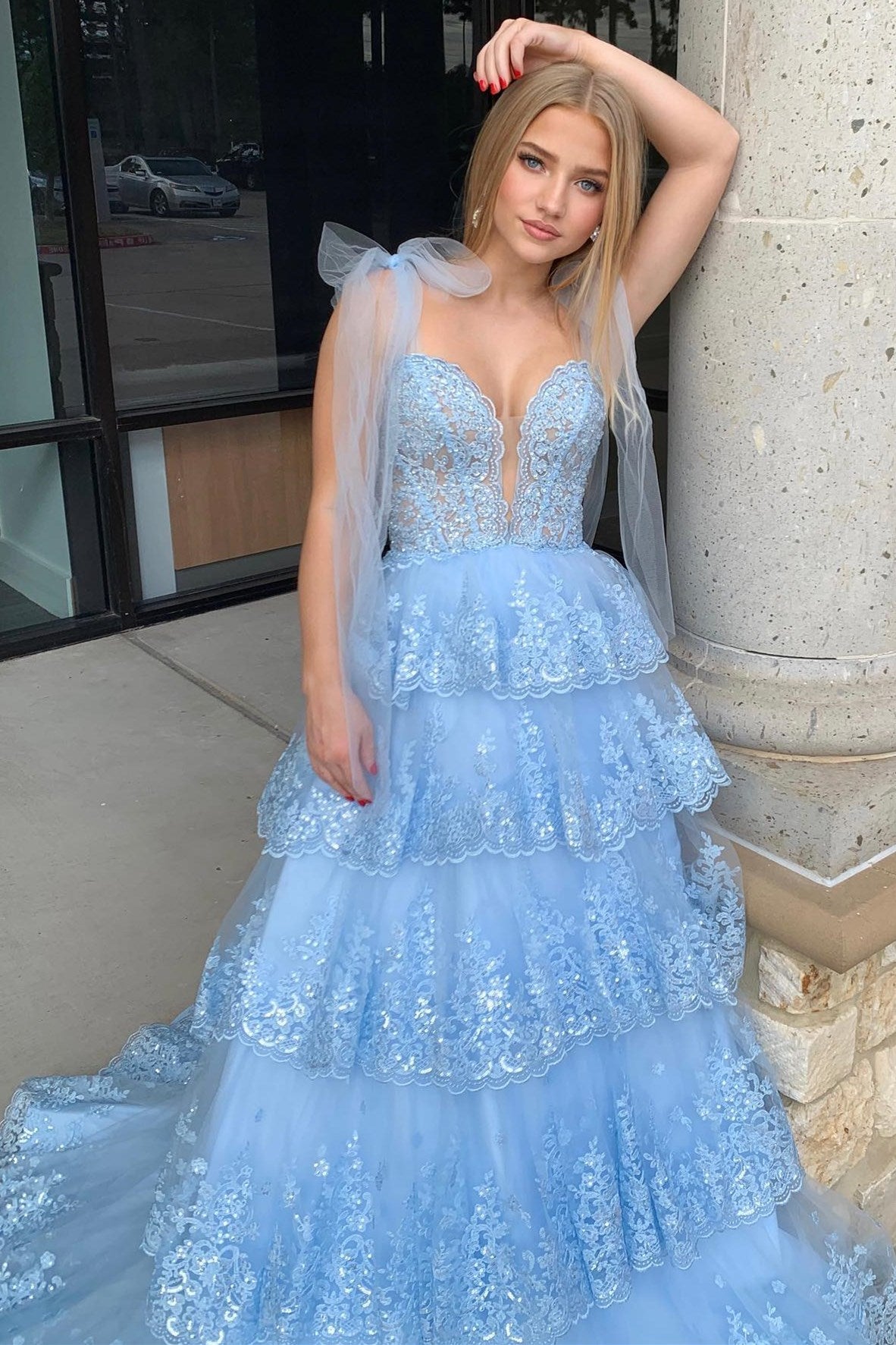 Tulle Appliques Tying Strap Ruffle Tiered Long Prom Dress