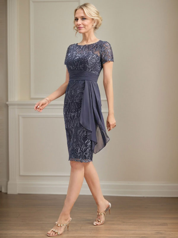 Sheath/Column Scoop Illusion Knee-Length Lace Chiffon Mother of the Bride Dress With Cascading Ruffles Sequins