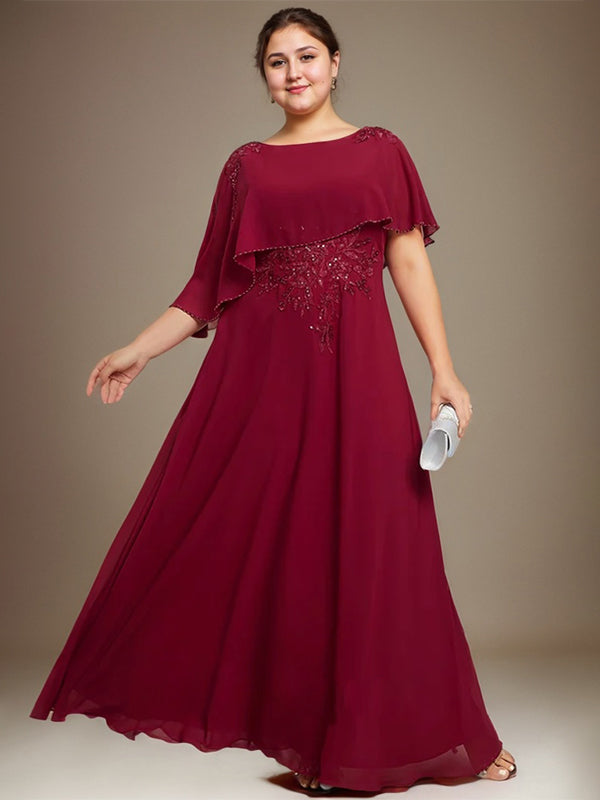 A-Linie U-Ausschnitt Bodenlang Chiffon Spitze Kleid für die Brautmutter mit Pailletten und Perlen